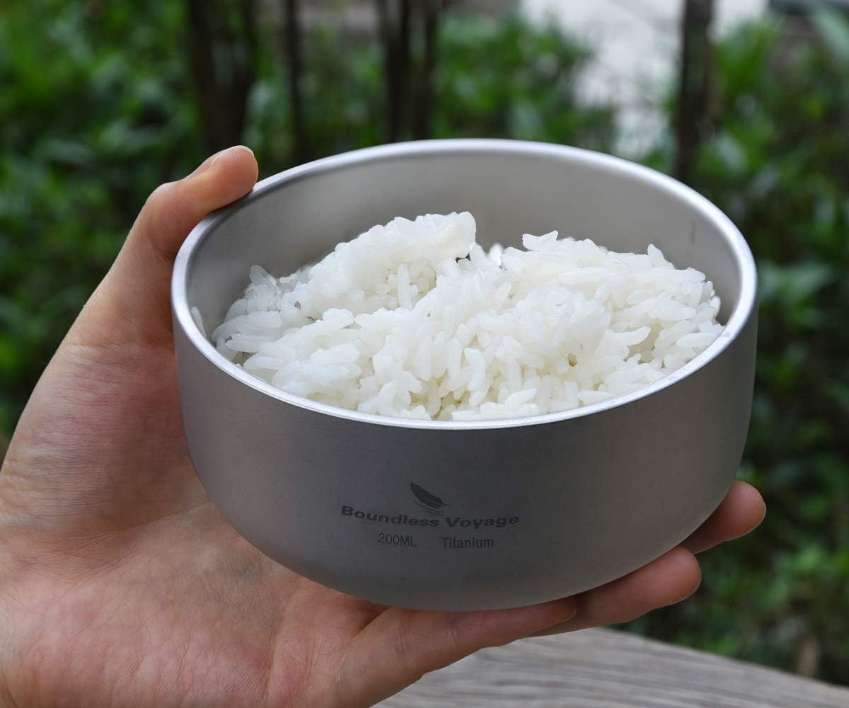 iBasingo Titanium Bowl Double-Walled Rice Soup Bowls 200ml Ice Cream Snack Cup Outdoor Camping Durable Metal Tableware Lightweight Round Bowl Dinnerware for Travel Hiking Backpacking Home Ti1083T - Image 5