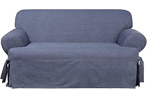 SureFit Authentic Denim One Piece Slipcover, T-Cushion Loveseat Cover, Relaxed Woven Fit, 100% Cotton, Machine Washable