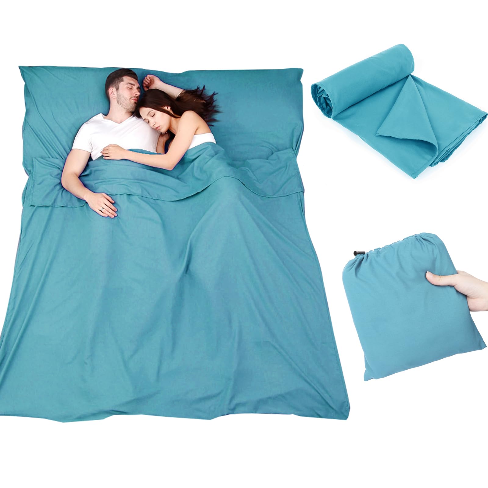 Plliocse Sleeping Bag Liner Travel Sheet Sleeping Bag, Double Size 160 x 210 cm Sleeping Bags Liners with Pillow Pockets for Adults, Travel, Hotels, Business Trip, Camping (Blue, 160cm x 210 cm)