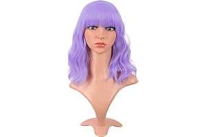 MapofBeauty 14 Inch/35 cm Short Wavy Curly Women Fresh Bright Synthetic Ordinary Flat Bangs Bob Wig (Light Purple)