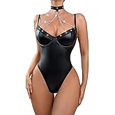 Myilewjt Women's Sexy Strappy Faux Leather Bodysuit Babydoll One Piece Teddy Lingerie V Neck Outfit Choker with Chain Detail