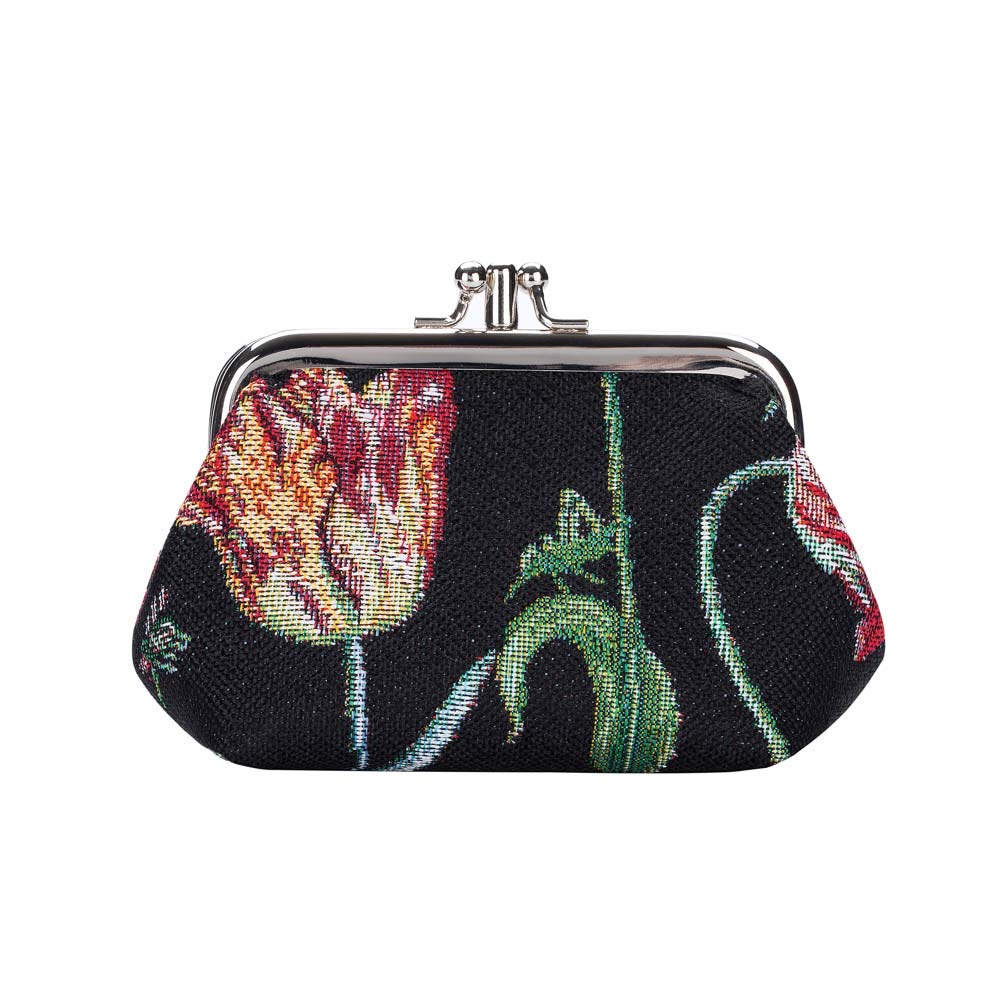 Signare Tapestry Cute Exquisite Double Pocket Kiss Lock Coin Purse for Women with Floral Design (Tulip Black, FRMP-JMTBK)