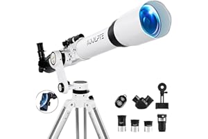 KOOLPTE Telescope 90mm Aperture 900mm - Vertisteel AZ Mount Base, High Precision Adjustment, Magnification 45-450x, Wireless Remote, Phone Adapter - Ideal for Astronomy Enthusiasts and Beginners (White)