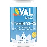VAL Vitamin D3 + K2 (MK-7) 5000 IU & 90 mcg – Bone & Heart Health Support – High Potency, Non-GMO, Easy to Swallow – 90 Vegan Capsules – D3 K2 Supplement Made in USA