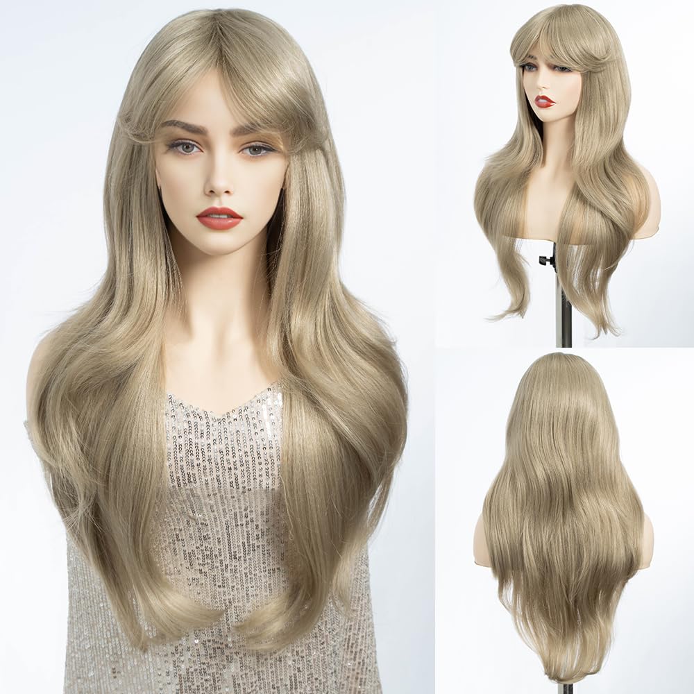 DÉBUT Long Blonde Wig With Fringe for Women Heat Resistant Synthetic Layered Hair Wigs With Bangs for Daily Party Cosplay Use（26 inches, FCYAN6）