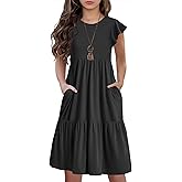 HOSIKA Girls Summer Ruffle Short Sleeve Crew Neck Loose Casual Flowy Tiered Short Dress with Pockets for 6-12 Y