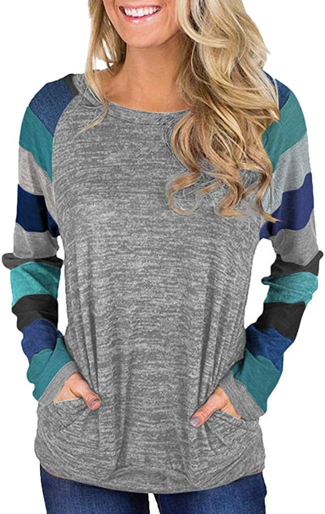 FEITONG Women's Long Sleeve Stripe Casual Tunic Sweatshirt Tops Blouse Shirt