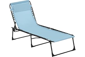 Outsunny Folding Chaise Lounge Chair, Patio Sun Tanning Chair, Outdoor Chaise Lounger with 4-Position Reclining Back, Breathable Mesh Seat for Beach, Poolside, Yard, Baby Blue