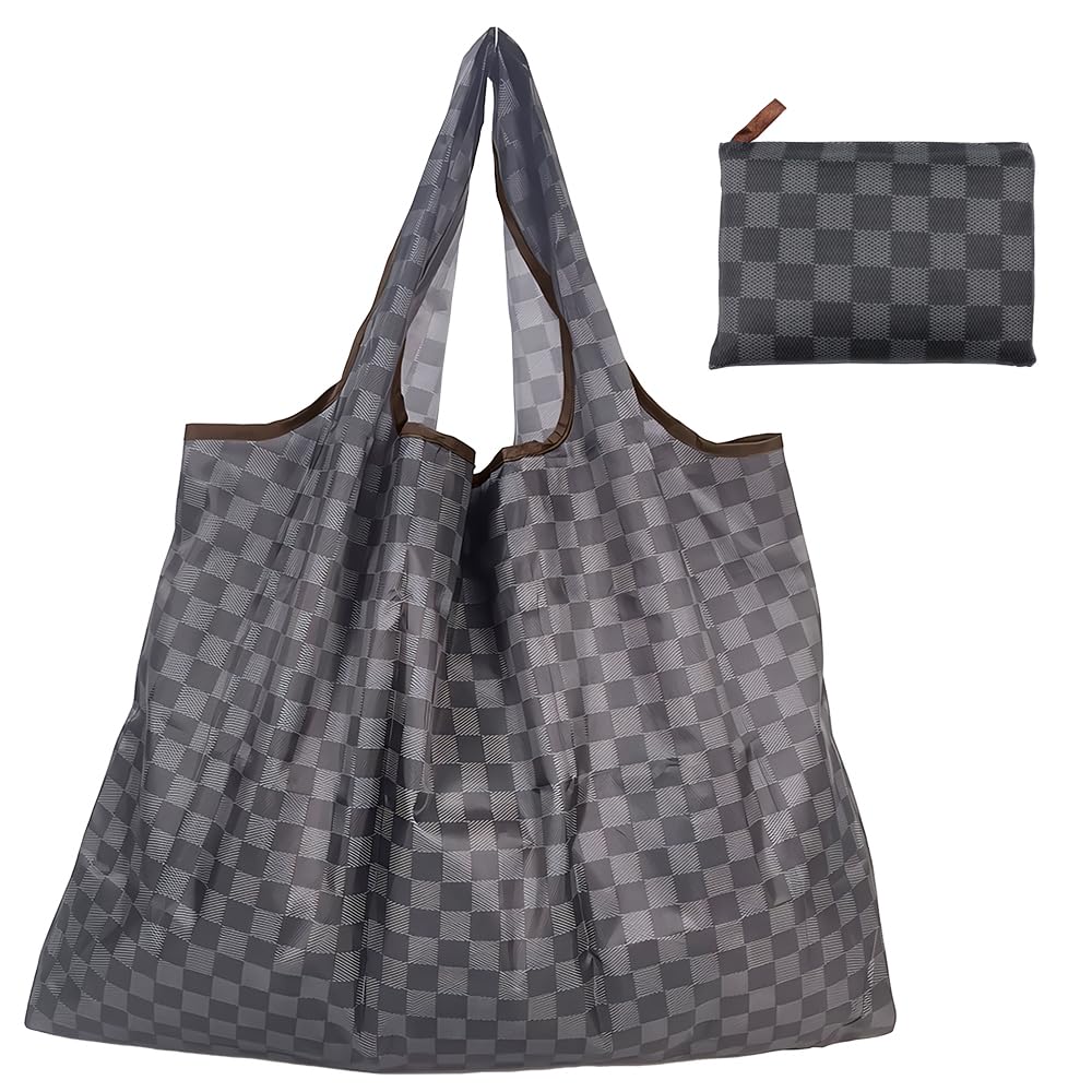 HYMUUNI Large Foldable Shopping Tote Bag Water Resistant Shopping Tote Bag Reusable Eco Waterproof Tote Shopping Bag for Daily Use in Pocket (Black Plaid)