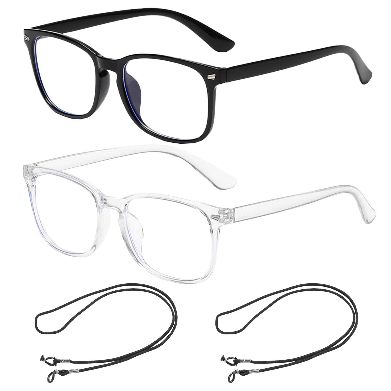 FFDHWU 2 Pieces Of Flat Glasses And 2 Pieces Of Eyeglass Cords, Classic Glasses, Fashionable Glasses, Reading Glasses, Computer Glasses, Anti-Blue Light Glasses, Sports Elastic Eyeglass Cords