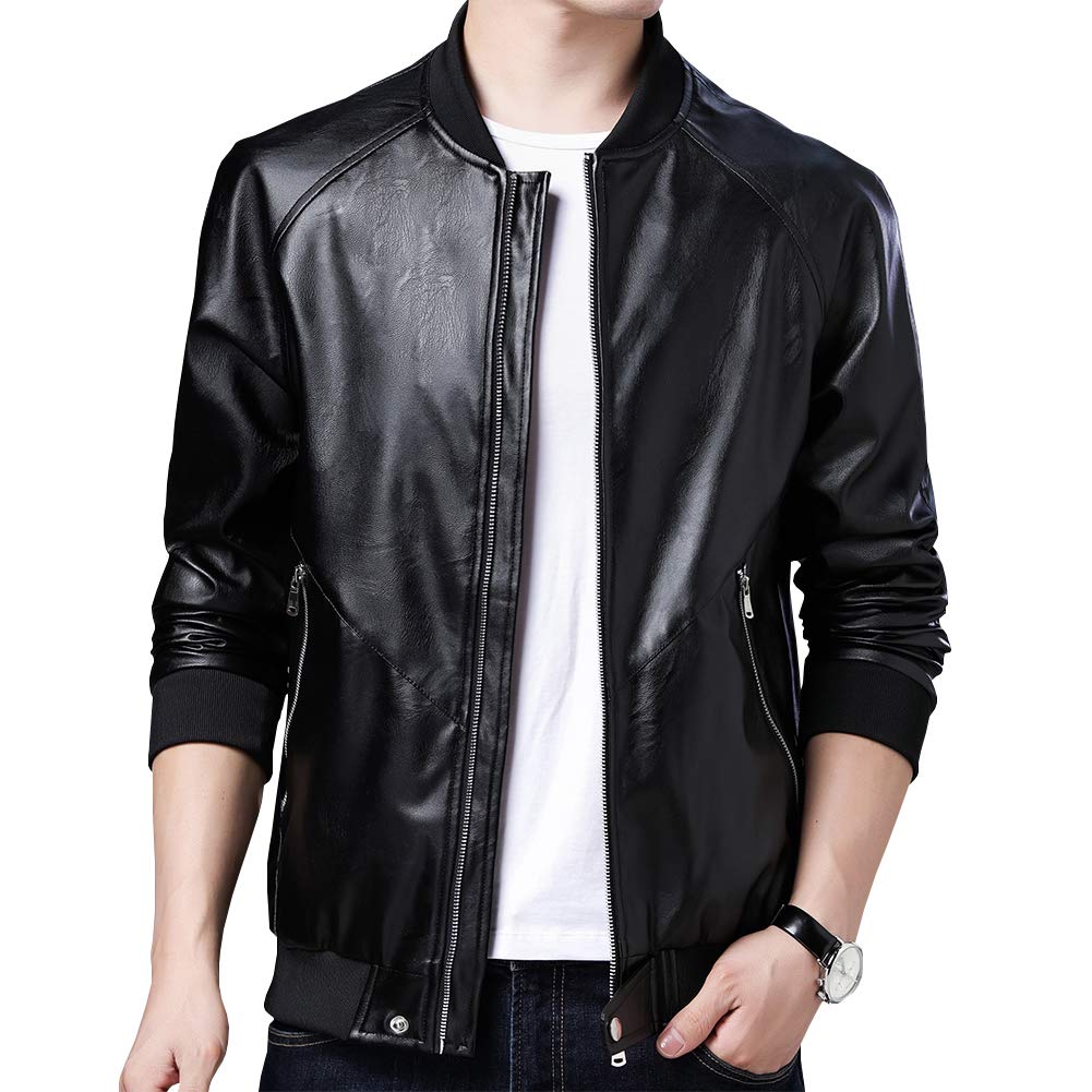 Photo 1 of Womleys Mens Casual Slim Fit Faux Leather Jacket Fall Winter Leather Bomber Jackets (Black, Large)