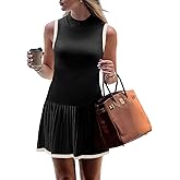 Wenrine Womens Sleeveless Summer Mini Dress Mock Neck Ribbed Knit Ruffle Pleated Casual Tank Dress