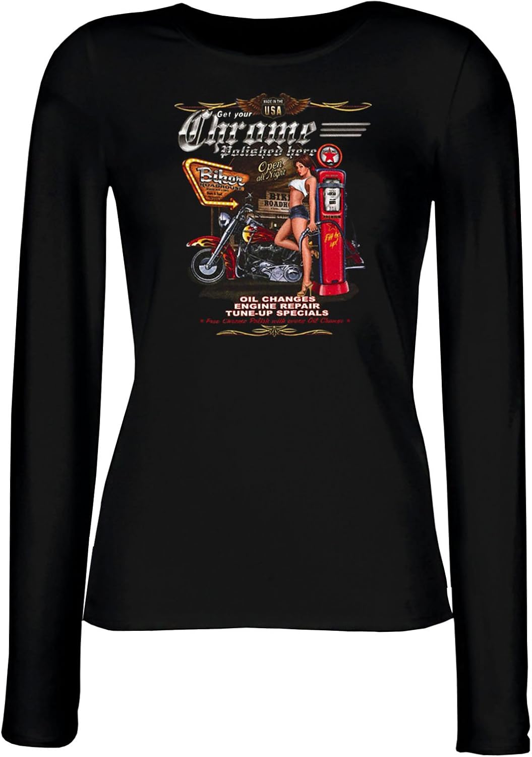 Tee Shirt Moto Femme Biker T-shirt à manches longues pour femme Chrome Polished here avec le