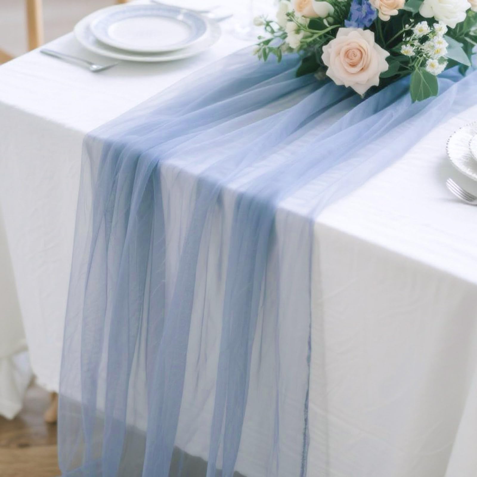 Photo 1 of SAJOO Blue Table Runner 10ft Boho Rustic Tulle 120inch Gauze Spring Table Runner for Baby Shower Decor Birthday Party Wedding Party Easter Decorations