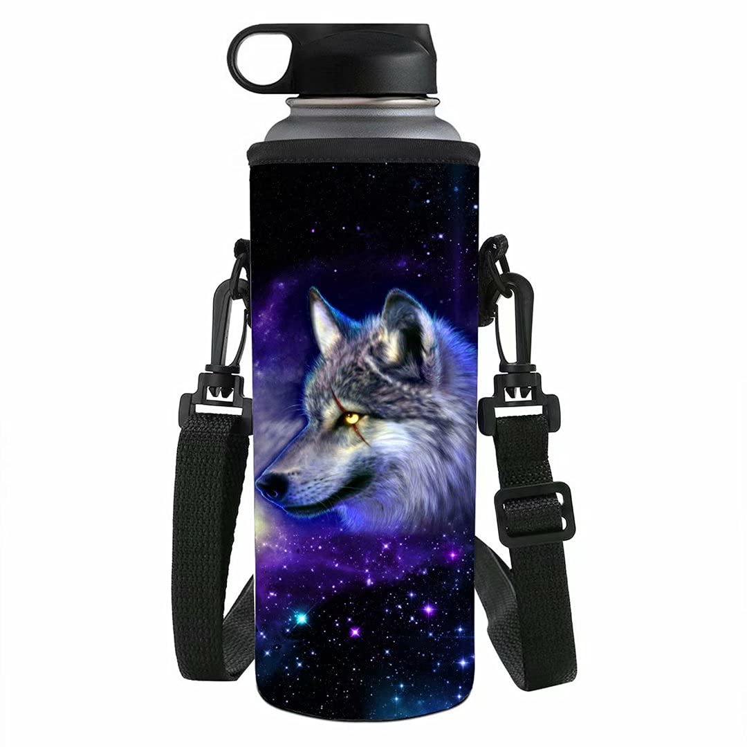 NETILGEN Galaxy Wolf Portable Water Bottle Carrier Insulated Water Cup Holder Bag 1000ML Neoprene Water Gym Travel Shoulder Strap Bottles Cover — image 1