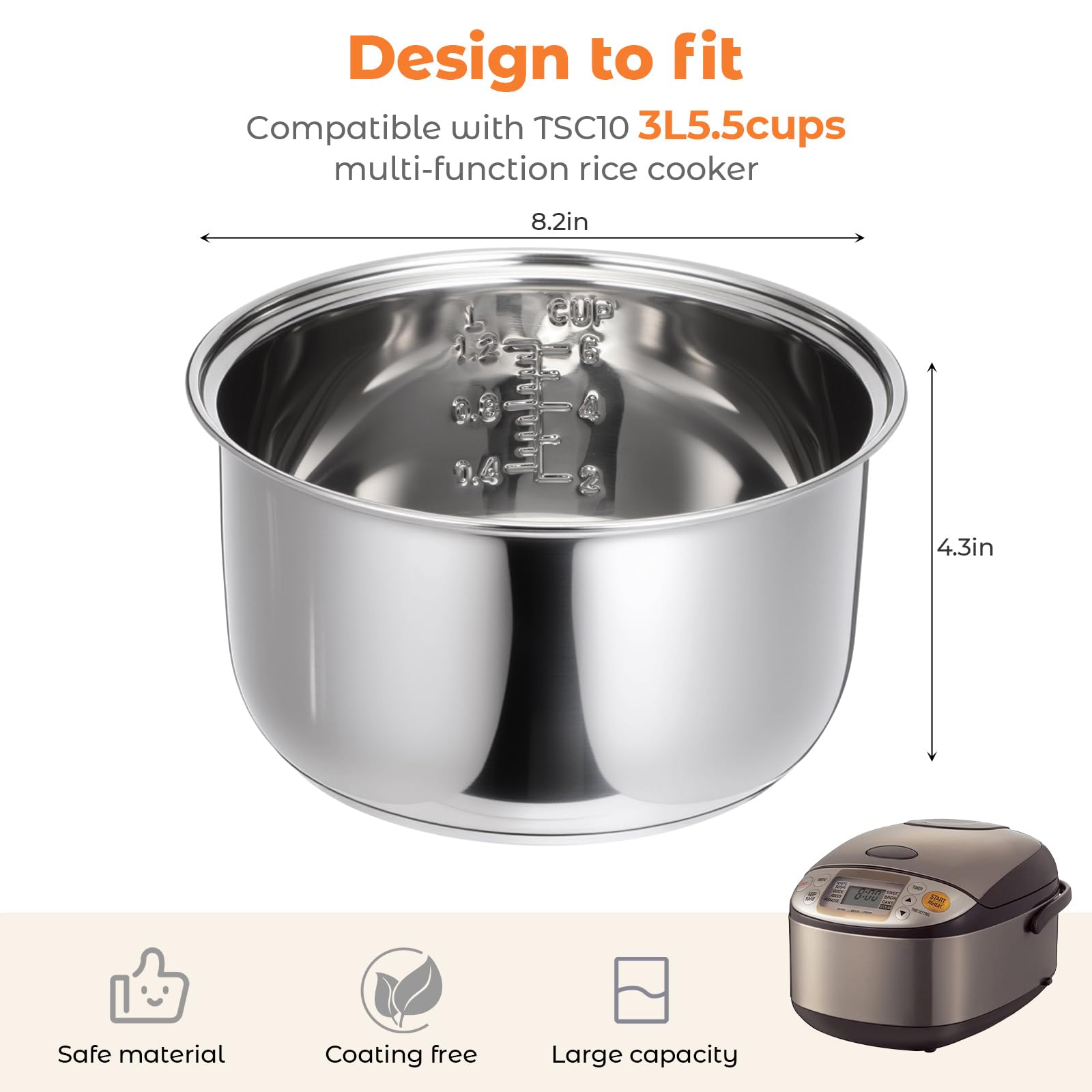 Baderke 304 Stainless Steel Inner Pot Compatible with Zojirushi NS-TSC10 and Tiger JBV-A10U Rice Multi-cooker (5.5 Cups) 3L Inner Bowl Replacement Pot Rice Cooker Stainless Steel