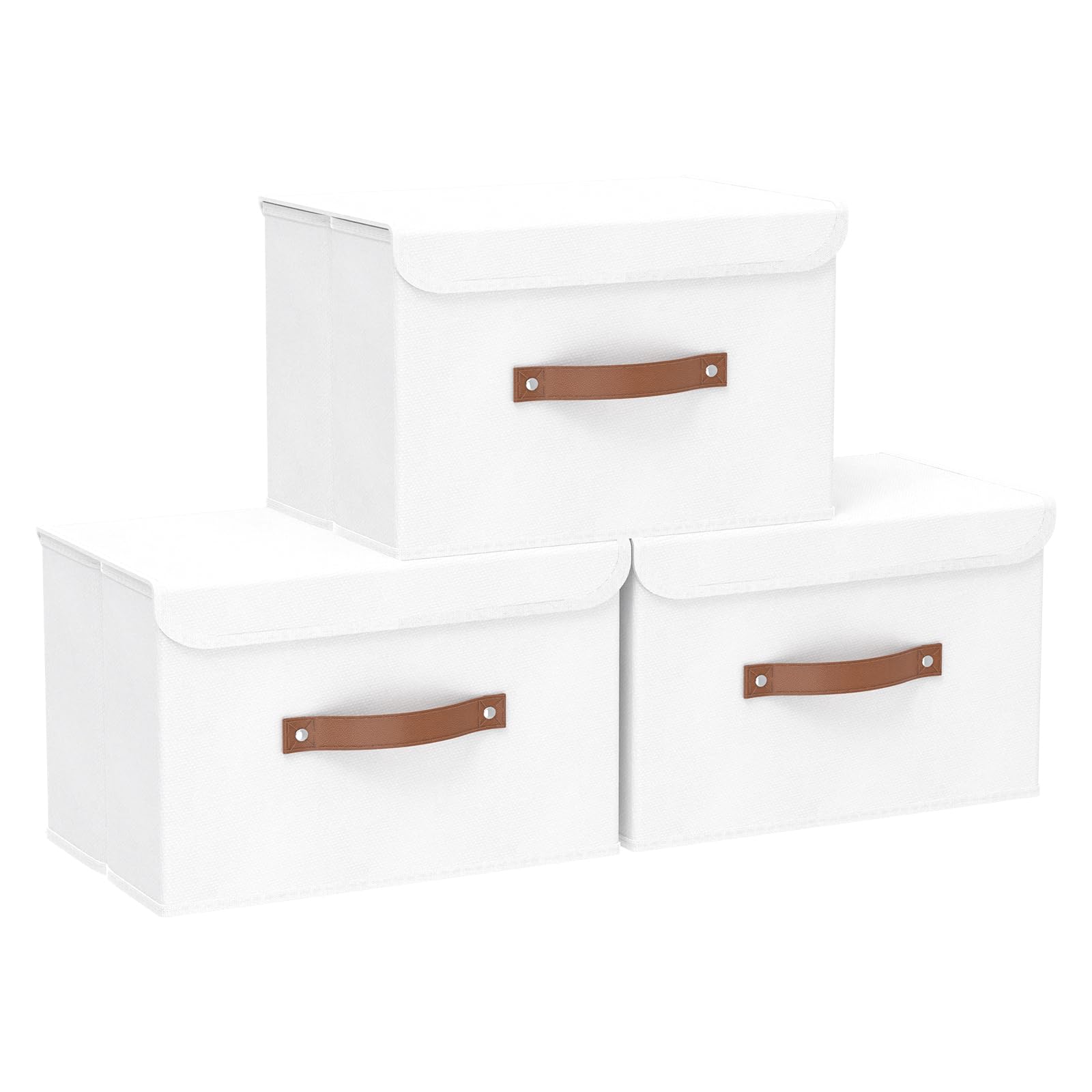 Yawinhe Collapsible Storage Box, Fabric Bin with Lids 3 Pack, Closet Baskets with Handle, for Organizing Clothes, 38x25x25cm, White, SNK018WL