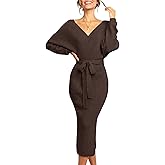 Chang Yun Women's Long Maxi Sweater Dresses Sexy Wrap Batwing V Neck Slit Open Back Holiday Bodycon Dress with Belt