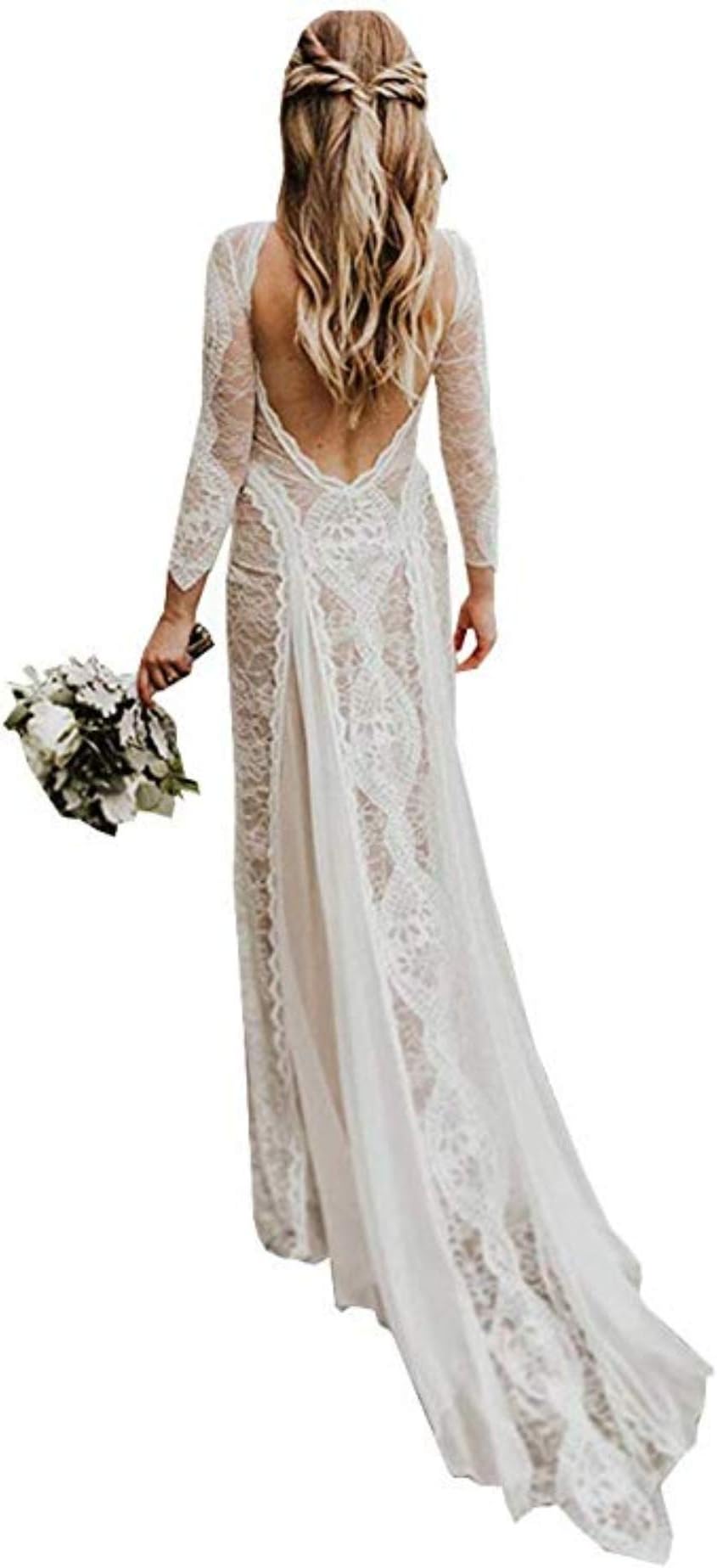 Women's Beach Wedding Dresses for Bride 2019 Vintage Long Sleeves Lace Bohemian Bridal Gown