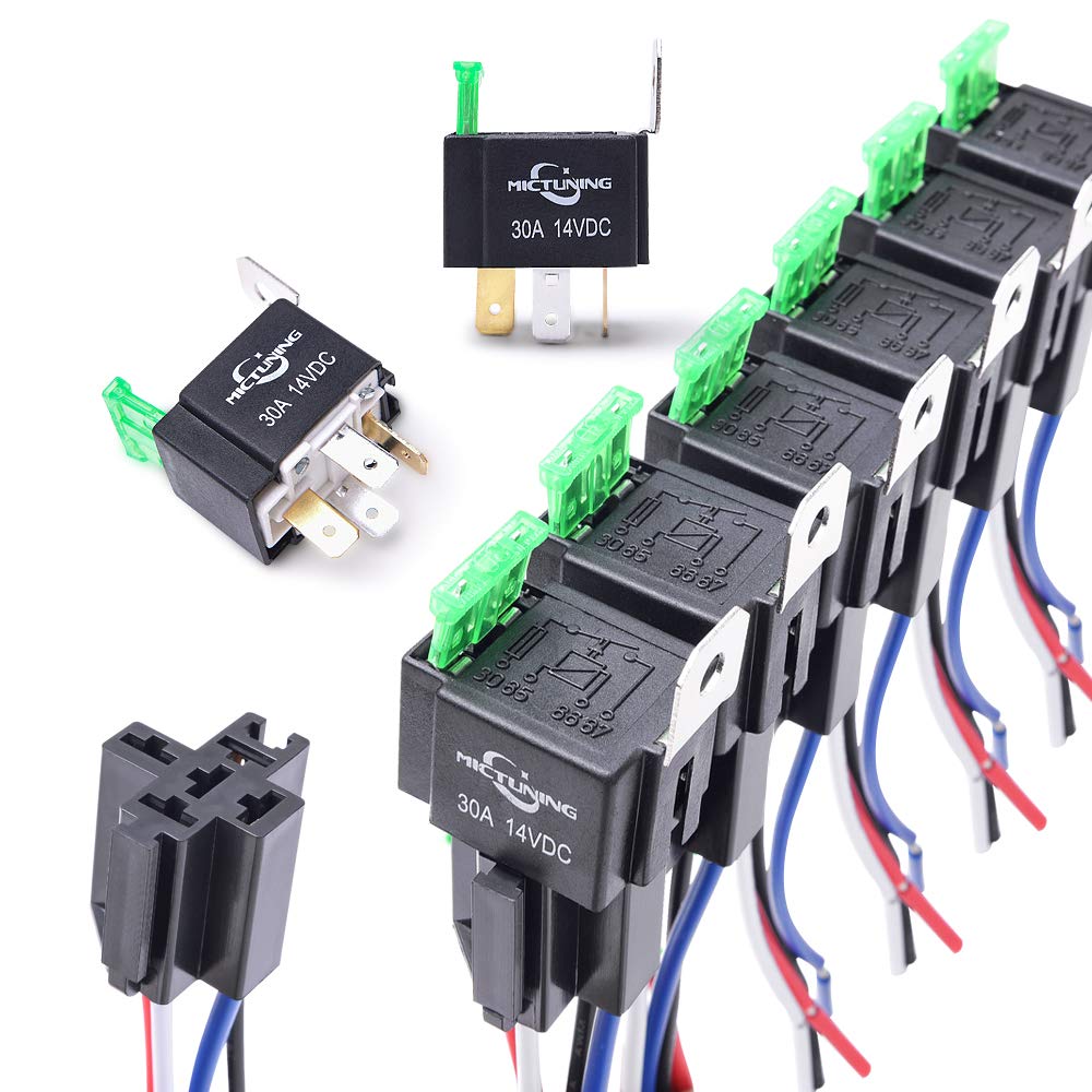 MICTUNING 12V Fuse Relay Switch Harness Set - 30A ATO/ATC Blade Fuse, 5-Pin SPST Automotive Electrical Relays with Heavy Duty 14 AWG Wires - 6 Pack