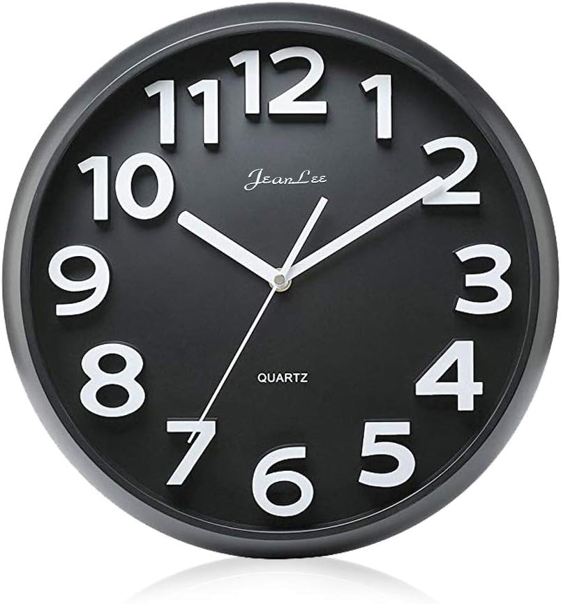 Gkwet 12 inches Silent Non Ticking Large Wall Clocks Decorative Indoor Kitchen Clock 3D Numbers Display Round Easy to Read,Battery Operated Wall Clocks (Black)