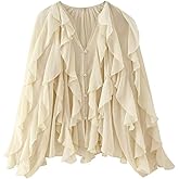 HangNiFang Ruffled Multi-Layered Summer Blouse for Women Trendy Semi See Through V-Neck Long Sleeve Button Chiffon Shirt Tops(1269-Beige-L)