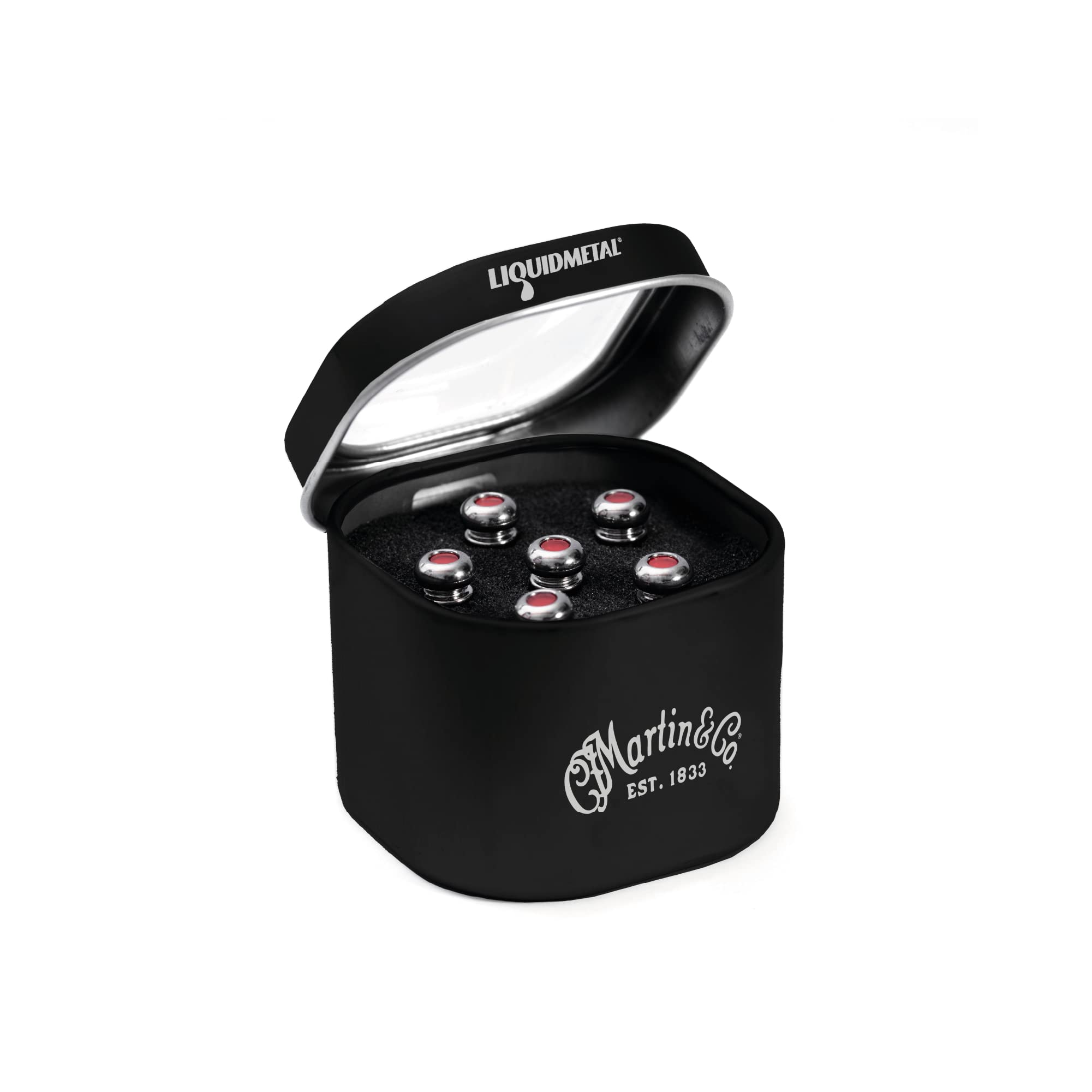 C.F Martin Bridge Pins - Liquid Metal - Chrome/Red Inlay - 6 Tin