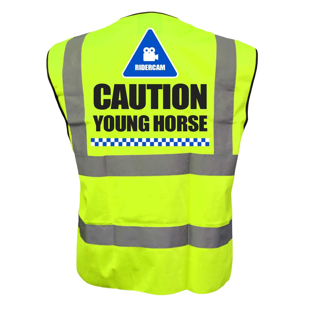 Equestrian RIDERCAM CAUTION YOUNG HORSE Hi Viz Vis Vest Horse Riding