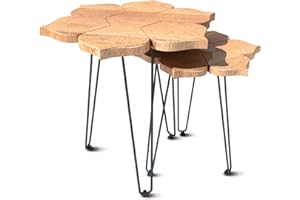 CARRESSA LINEN Handmade Mango Wooden Nesting Table - Natural Brown Finish with Metal Flower Nesting Side Tables, Set of 2 for Serving and Decor. 22 Dia x 20 W Inches Table by Carressa Home