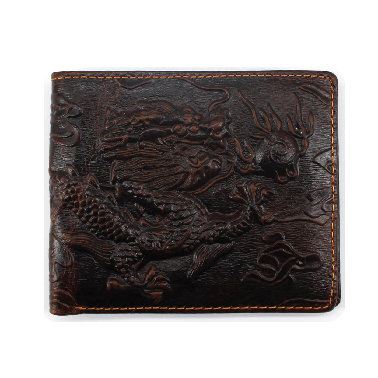 Medifier Mens Leather Genuine Extra Capacity Wallet Bifold Slim Brown Front Pocket Engraved Dragon Wallets with Credit Card Holder ID Window for Men Women Husband Boyfriend Him Gifts Vertical Style