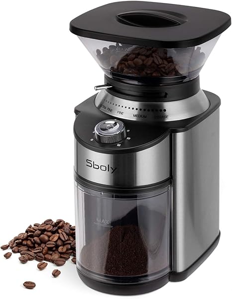 Amazon Com Sboly Conical Burr Coffee Grinder Stainless Steel Adjustable Burr Mill With 19 Precise Grind Settings Electric Coffee Grinder For Drip Percolator French Press American And Turkish Coffee Makers Kitchen Dining