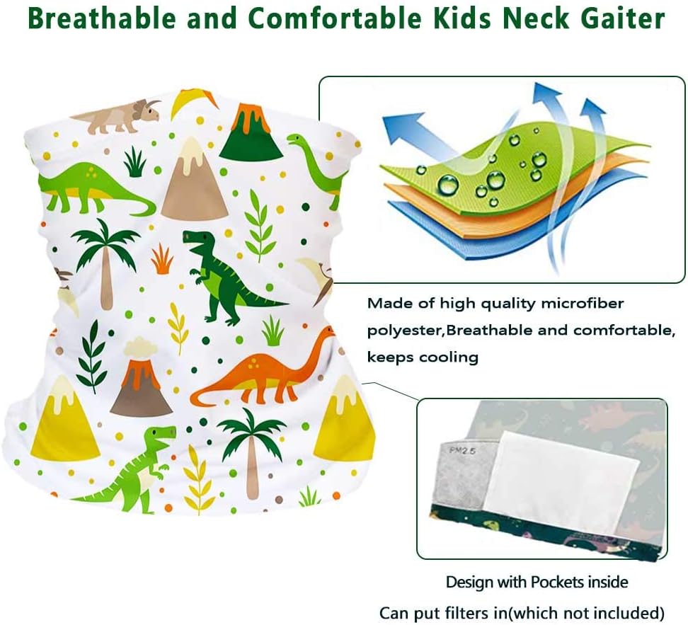 GICEY 2PCS Tube Neck Scarf for Boys and Girls Lightweight, Kids Bandana Face Covering with Filter Pocket, Dinosaur Neck Gaiter for Kids and Youth Gator: Sports & Outdoors