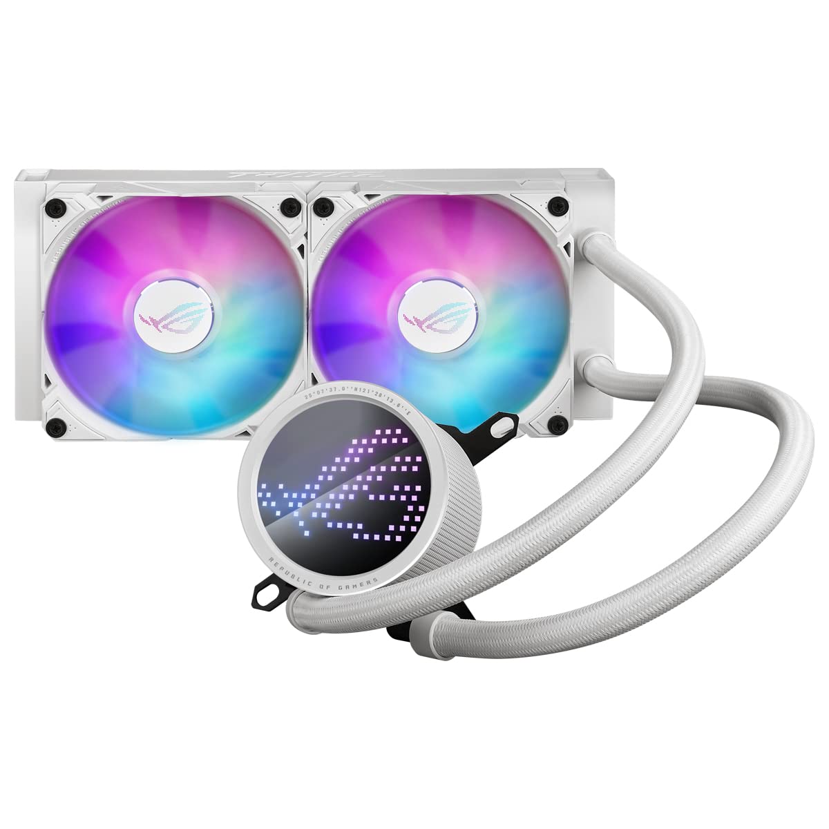Asus Rog Ryuo III 240 Argb Blanc –Refroidisseur Liquide Cpu Tout-En-Un (Écran Led Anime Matrix, Solution De Pompe Asetek 8E Gen, 2 Ventilateurs De Refroidissement Rog Argb De 120 Mm, Aura Sync Rgb)