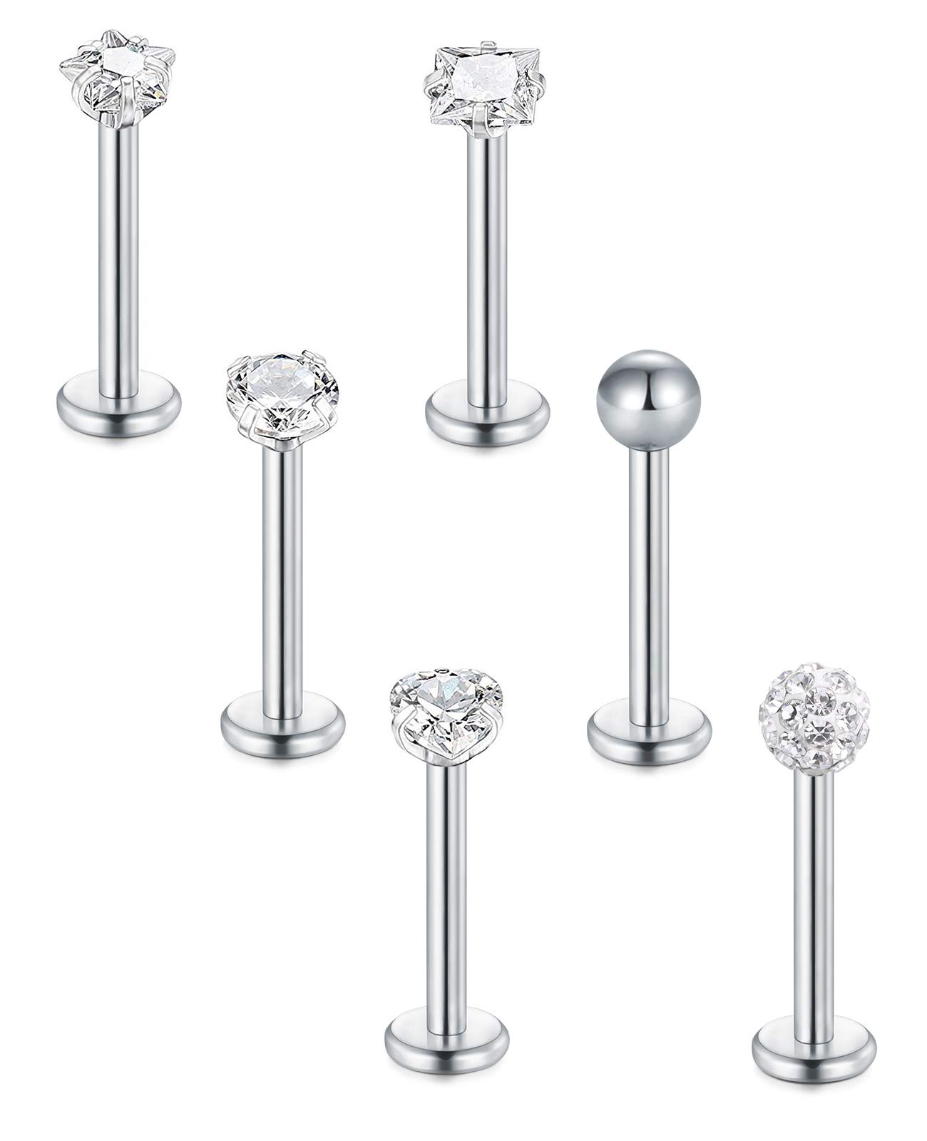 Briana Williams 6pcs Stainless Steel Lip Bars Labret Stud Set 16G 6/8/10mm Tragus Helix Earring Piercing Bars — image 1