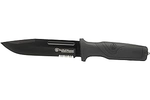 Smith & Wesson Search and Rescue 11in High Carbon S.S. Fixed Blade Knife with 6in Serrated Drop Blade and Rubberized Handle for Outdoor Survival and EDC , Black
