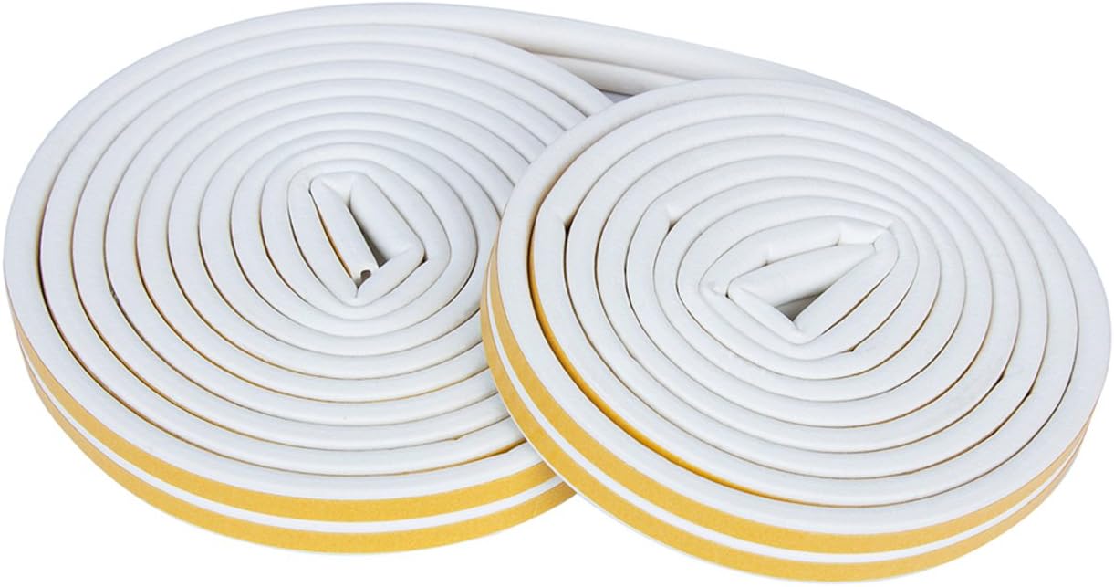 Hakkin Weatherstrip Kit 32.8 ft(10M) Self Adhesive Profile D Type Doors Windows Draught Excluder Foam Seal Strip Soundproofing 9mm x 6mm (White)
