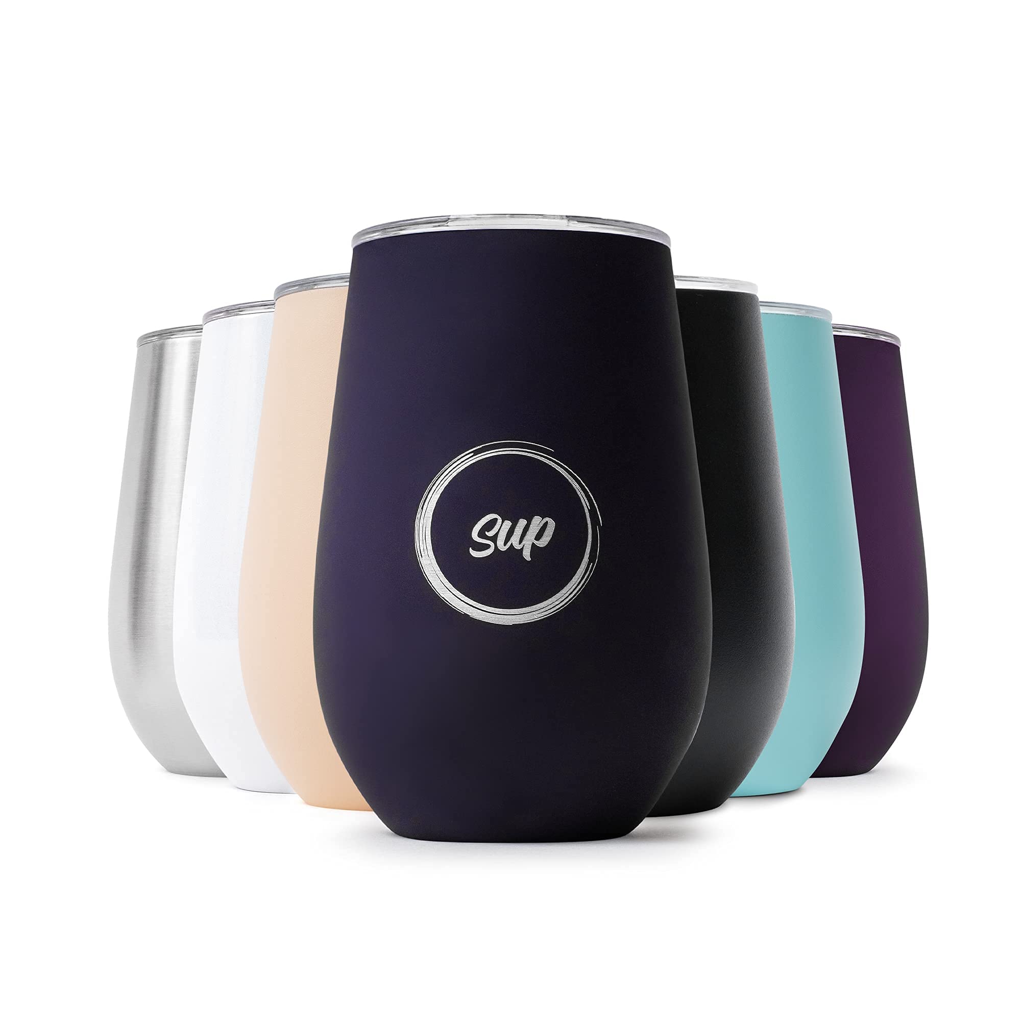 Sup Insulated Wine Tumbler Stainless Steel Double Wall Vacuum Stemless Wine Glass Cup with Lid 350ml 6 Hours Cold Soft Navy