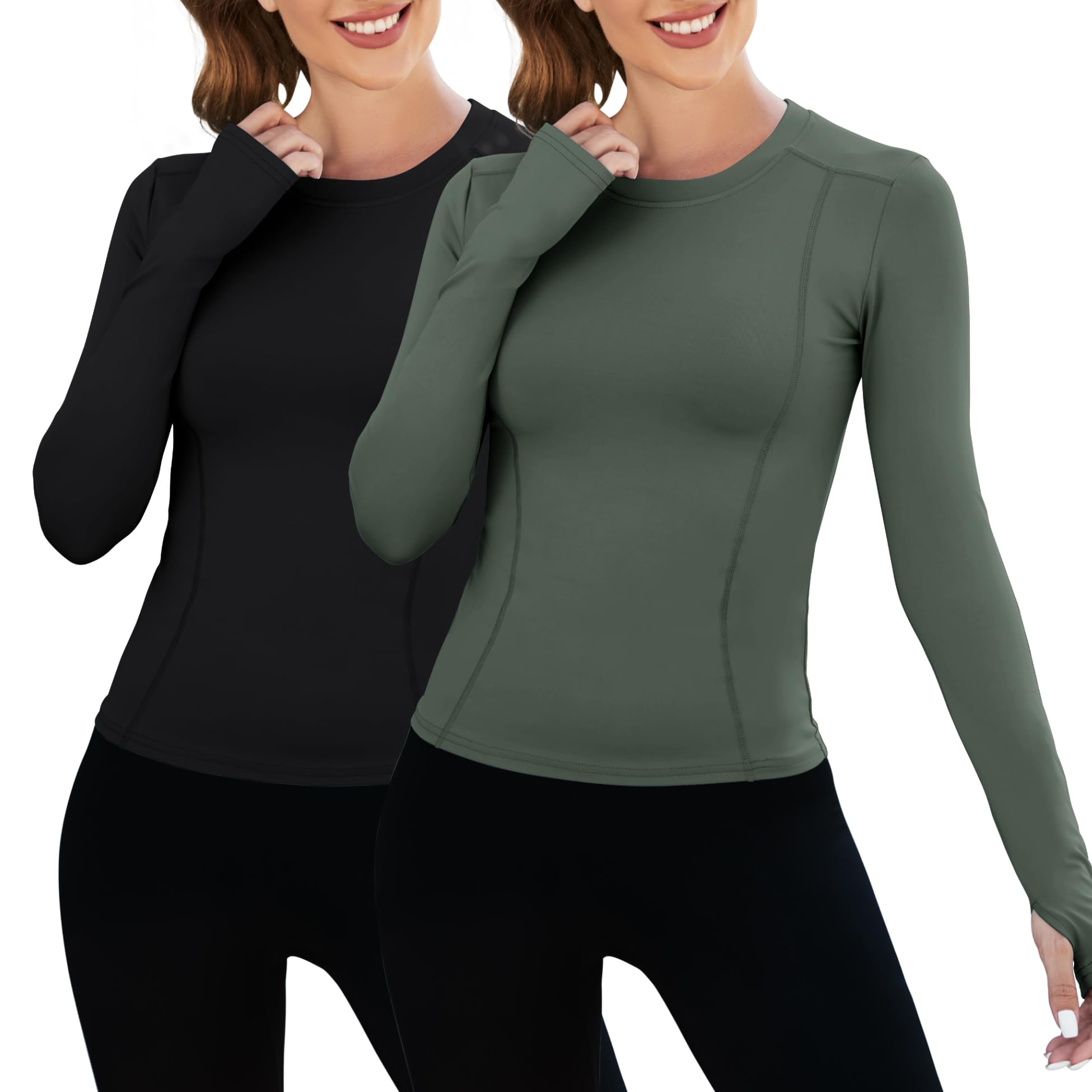 Loovoo Underscrub Long Sleeve Women Workout Shirt Compression Tops Athletic Gym Fitted Running Seamless Yoga Tight Set Image