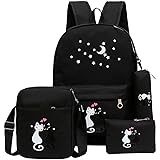 Fanci 4Pcs Cute Cat Prints Canvas Primary School Bag Rucksack Backpack Set for Girls Elementary Bookbag