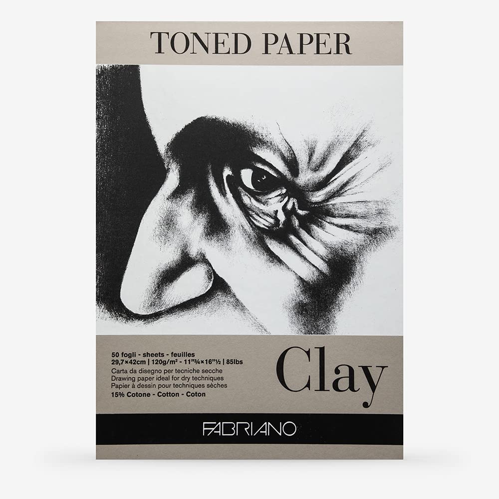 Fabriano Honsell 19100499 Fabriano Toned Clay Drawing Pad, DIN A3, 50 Sheets, 120 g/m², Grey Drawing Paper with 15% Cotton Content, Natural Surface, for All Drying Techniques