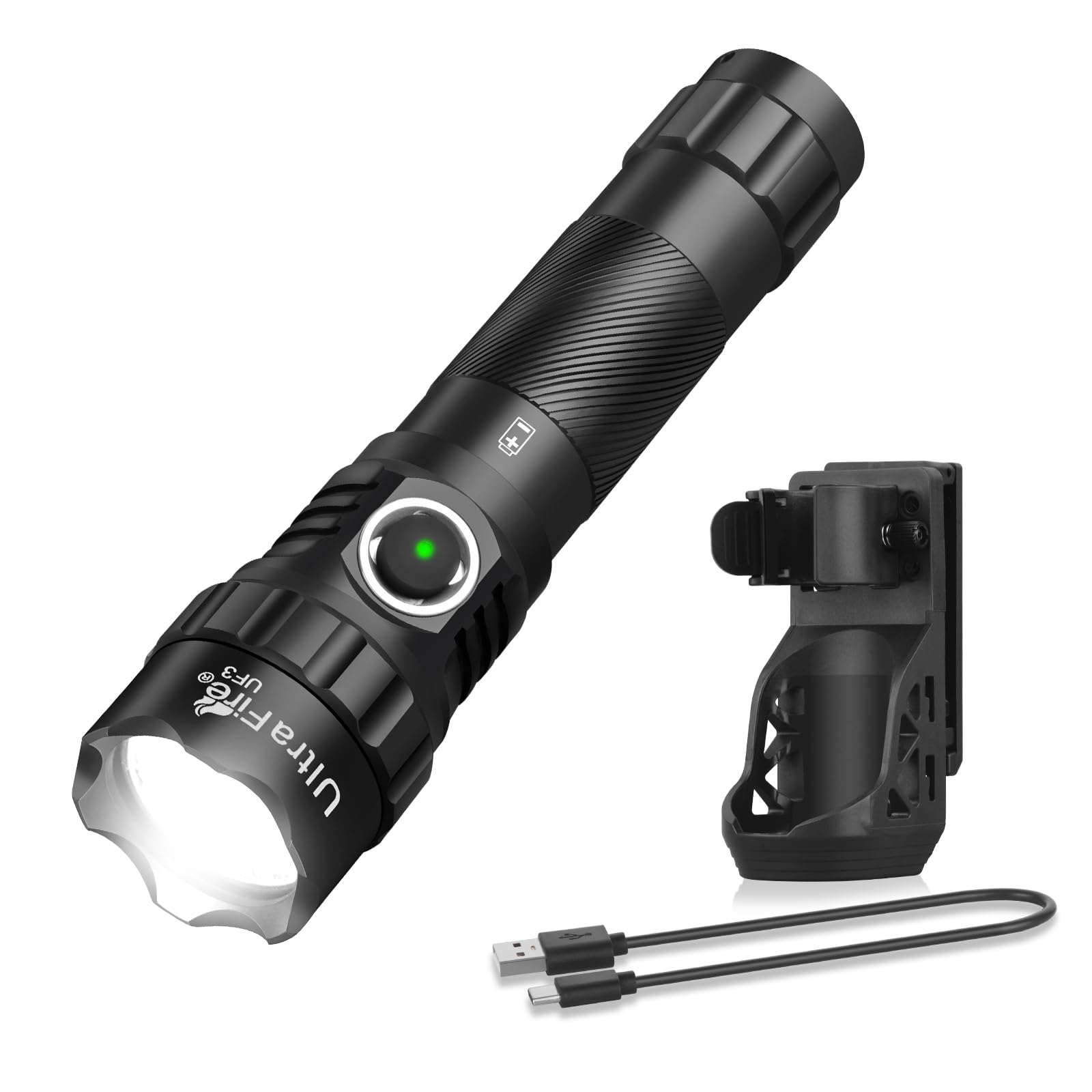 ULTRAFIRE Tactical Torch with Holster, 1200 Lumen Rechargeable LED Torch with Duty Belt Holder, 3 Modes Police Flashlight for Law Enforcement, Patrols, Security, Emergency UF3