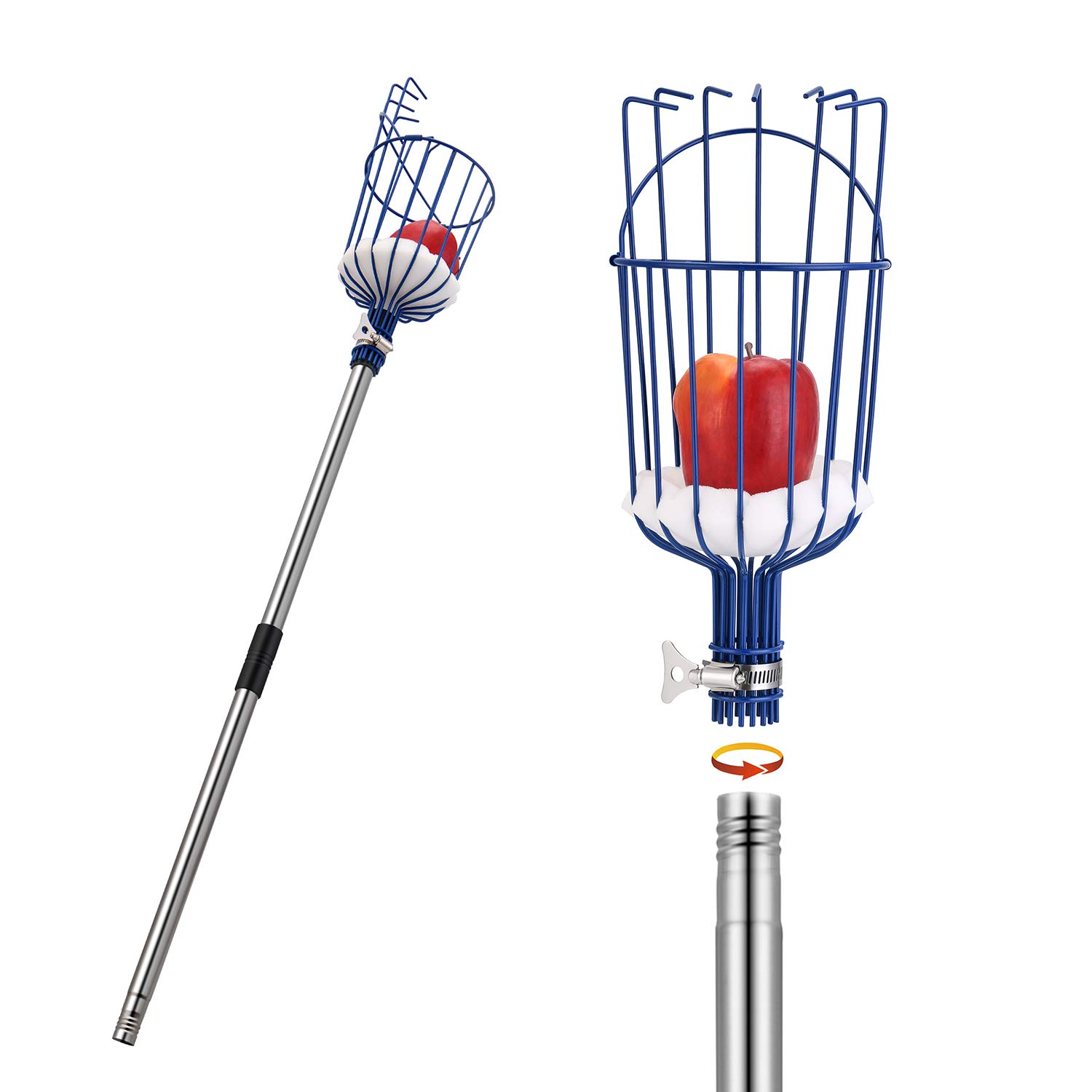 MaidMAX Fruit Picker, 13 Foot (4M) Fruit Picker Pole with Basket Apple Orange Picker Tool Gardening Picks with Lightweight Stainless Steel Connecting Pole, Sturdy Basket with Foam Pad, Metal Clamp