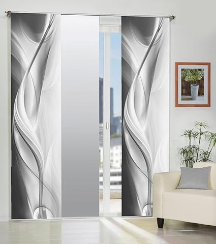 Home Fashion 88313-703 | 3-er Set Schiebevorhang Digitaldruck HALLY, 245 x 60 cm, Dekostoff, grau