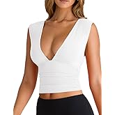 YFANG Women's Sexy Deep V-Neck Ruched Sleeveless Crop Tank Top Stretchy Double Layer Slim Fitted Going Out Crop Top