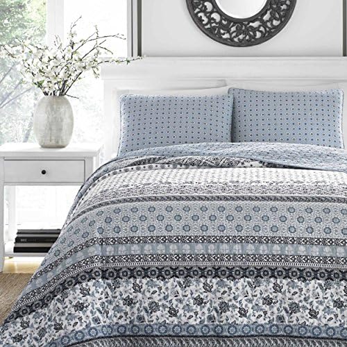 Stone Cottage - Twin Quilt Set, Reversible Cotton Bedding with Matching Sham, Block Print Bedding Set (Bexley Light Blue, Twin)