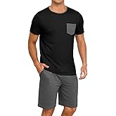 PrinStory Mens Summer Pajamas Set Lightweight Pjs Sets Short Sleeve Pajama Shorts Set Soft Sleepwear Loungewear with Pockets