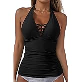Womens Halter Tankini Tops Only - V Neck Tummy Control Swim Top Lace Up Bathing Suit Ruched Top Only No Bottom 2025