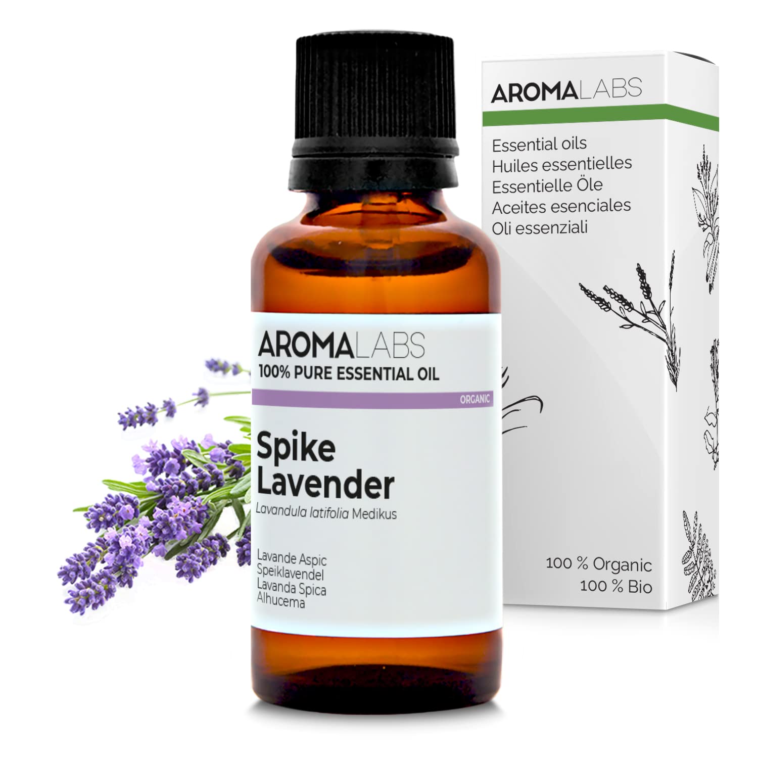 BIO - Spike Lavender Essential Oil - 30mL - 100% Pure, Natural, Chemotyped and AB Certified - AROMA LABS (French Brand)