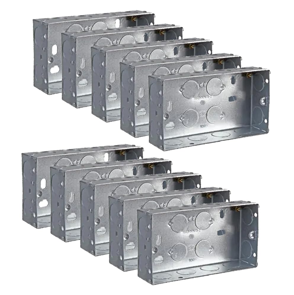 rhinocables Metal 2 Gang Double Socket Back Box, Double Pattress Box Mount, Steel Knock Out Flush Mount (10 Pack, 35mm)