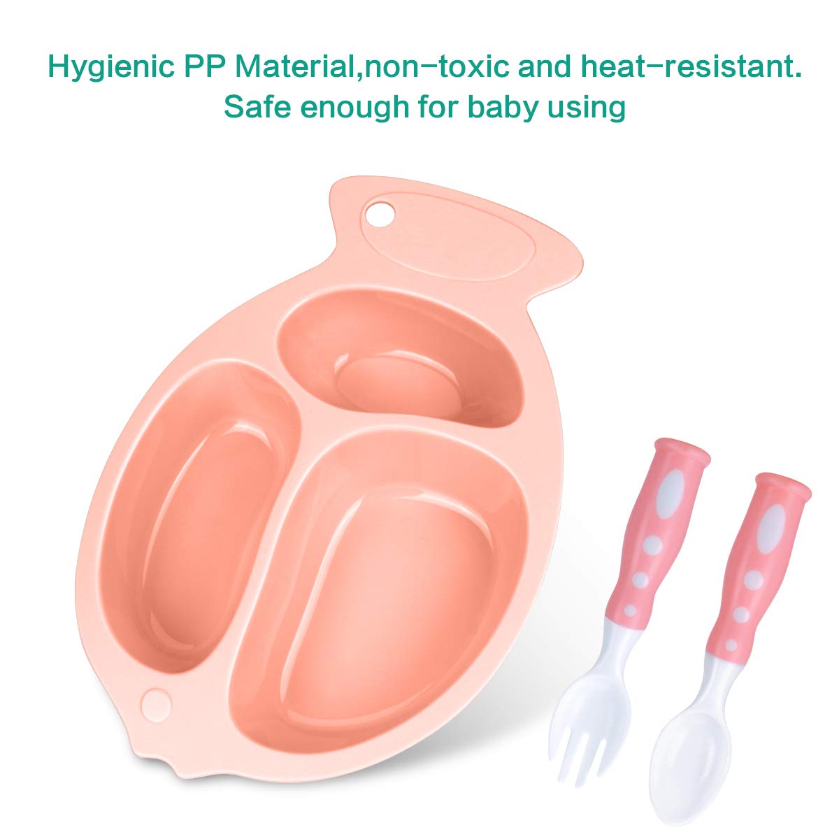 Kids Plates with Dividers,Divided Toddler Plates with Lip,Kids Dishes Including Fork and Spoon(Pink)